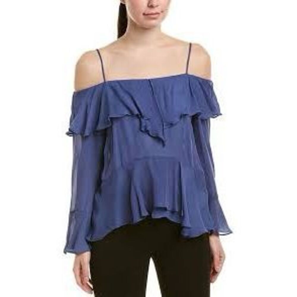 Nicole Miller Artelier Long Sleeve Ruffle Blouse Denim Blue Silk Coastal M NWT